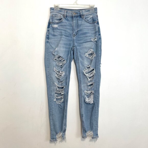 AMERICAN EAGLE AE Stretch Ripped Mom Jean Light Wash High Waisted Distressed 2 - Picture 2 of 16
